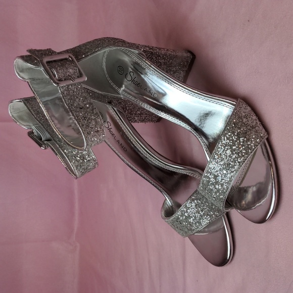 Shoe Land Silver Glitter Sparkly Open Toe Ankle Strap No Rumors Heels size 10 - Picture 1 of 8